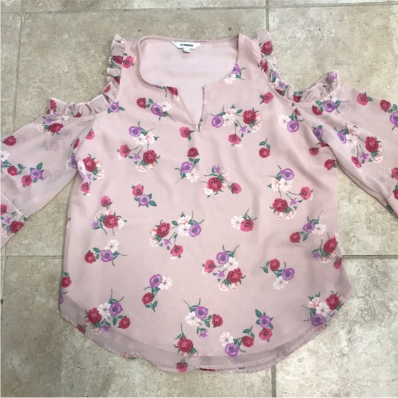 EUC! Express cold shoulder size medium bell sleeve light pink blouse. - Picture 1 of 7
